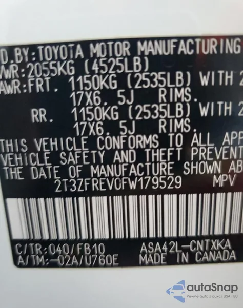 2015 Toyota Rav4 Le из США, поврежденный, VIN 2T3ZFREV0FW179529